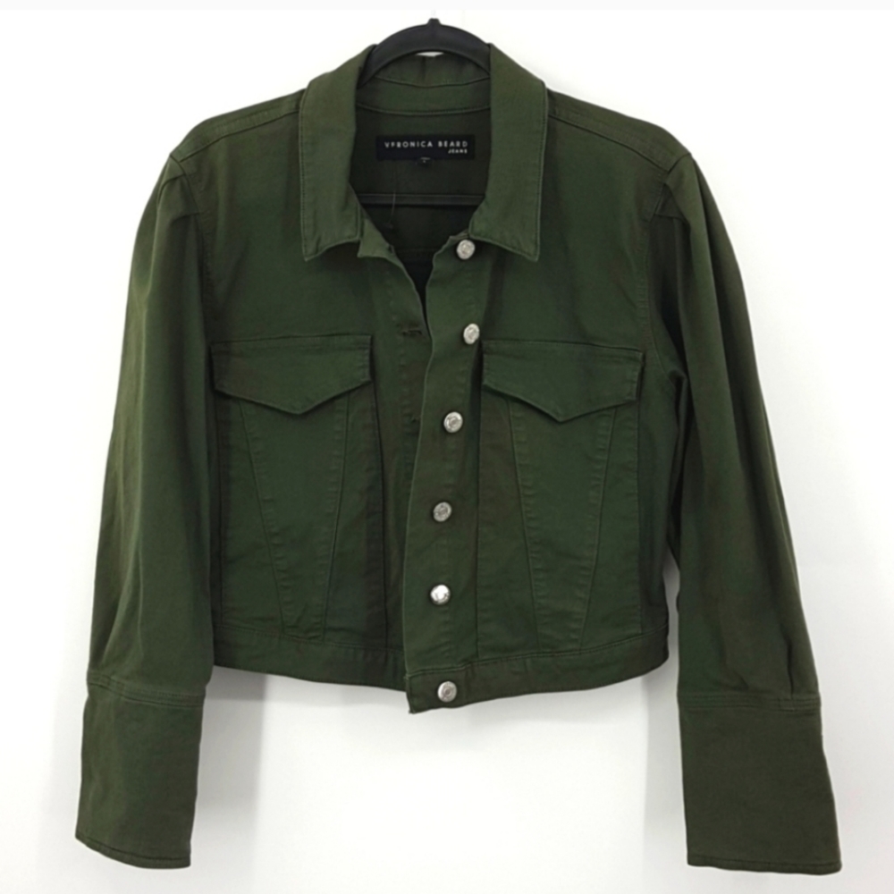 Veronica Beard Denim Army Green Pouf-Sleeve Jacket L